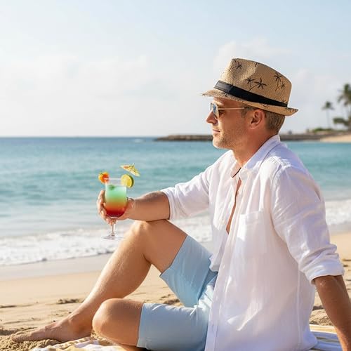 4 Pack Short Brim Straw Fedora Summer Beach Sun Hat Men - color: 4 Pcs Set C