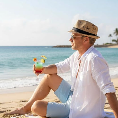 4 Pack Short Brim Straw Fedora Summer Beach Sun Hat Men - color: 4 Pcs Set C