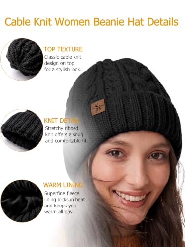 Winter Hats for Women Cable Knit Chunky Skull Cap Fleece Lined Thick Fold Cuff Beanie hat - color: Black, style: Wheat Spike