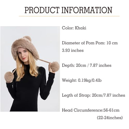 Womens Faux Fur Hat with Fluffy Pompom for Winter Fuzzy Knitted Beanies Skull Cap Warm Earflaps Cold Weather Cute Khaki