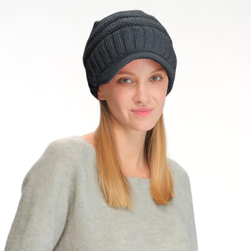 C.C Trendy Warm Oversized Chunky Soft Oversized Ribbed Slouchy Knit Hat with Visor Brim - color: 1 - Teal Grey