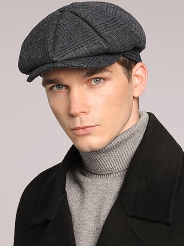 Mens Newsboy Cap High Woolen Tweed Gatsby Hat Ivy Cabbie Flat Golf Cap for Fathers Women Unisex - color: Plaid-dark Grey, size: 7 1/8-7 1/4