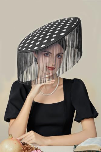 Coucoland Polka Dot Fascinators Hats for Women Flat Derby Hat with Tassels - color: Black