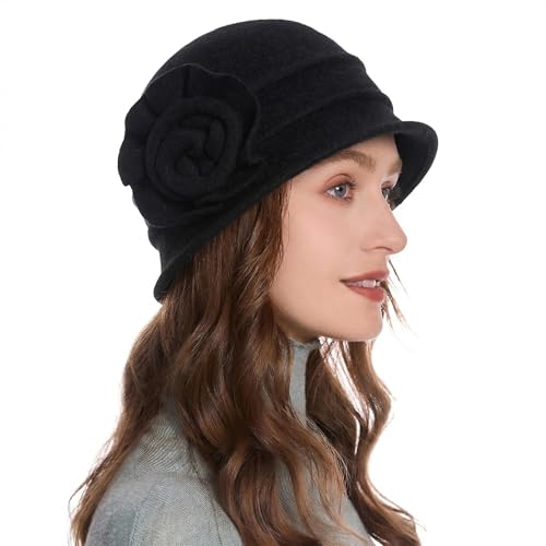 ZLYC Women Wool Cloche Bucket Hat 1920s Vintage Winter Hat with Flower - color: Floral Black