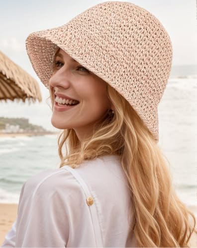 Womens Floppy Straw Sun Hat Packable Wide Brim Summer Beach Hat Foldable Crochet Bucket Hats - color: Pink 2