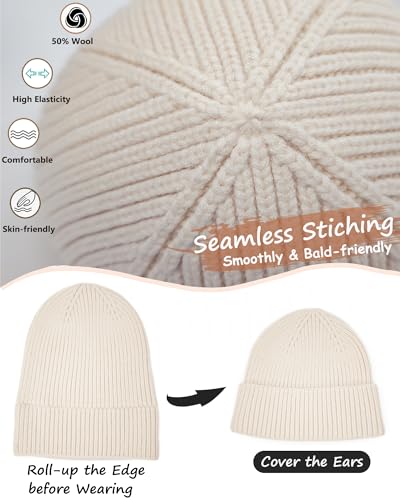 Wool Beanie for Men Women, Seamless Knit Cuffed Warm Winter Hats - color: 1pcs-beige