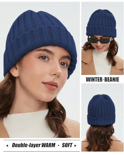 Fleece Lined Wool Beanie Hat Women Men,Winter Knit Chunky Snow Cap - color: 1-navy Blue
