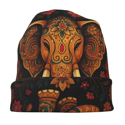 Slouchy Beanies Skull Caps for Women Men, Cool Running Hat Soft Night Caps for Sleeping Chemo Headwear - color: Black Golden Floral Elephant