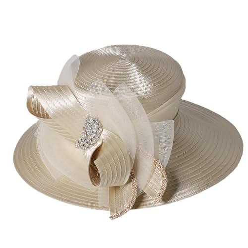 Women Derby Church Dress Fascinator Wide Brim Hats 1920s Vintage Tea Party Wedding Cloche Bowler Hats - color: Champagne