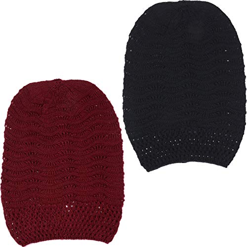 BYOS Women's Airy Cool Lightweight Cutout Long Slouchy Crochet Knit Beanie Hat - color: 2 Pack-wavy Line Burgundy & Bk