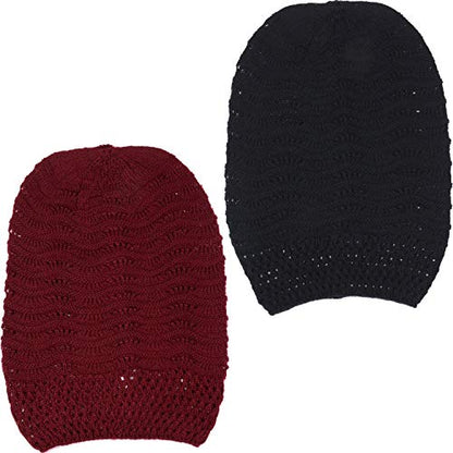 BYOS Women's Airy Cool Lightweight Cutout Long Slouchy Crochet Knit Beanie Hat - color: 2 Pack-wavy Line Burgundy & Bk