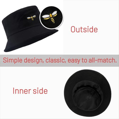 Cotton Bucket Hat for Women Men Summer Travel Sun Beach Bucket Cap, Unisex Outdoor Fisherman Hat - color: Bee