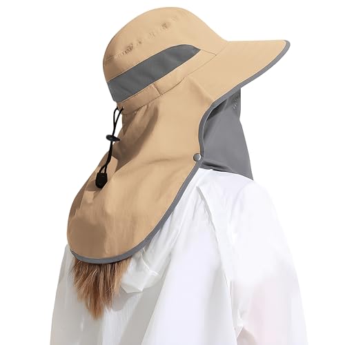 Outdoor Sun Hat Detachable Neck Face Flap UPF 50+UV Protection Visor Fishing Hats with Neck Flap for Men & Women - color: Khaki