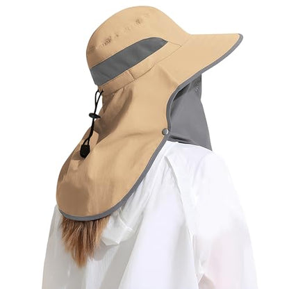Outdoor Sun Hat Detachable Neck Face Flap UPF 50+UV Protection Visor Fishing Hats with Neck Flap for Men & Women - color: Khaki