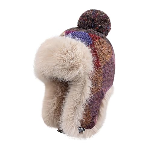 Women's Colorful Knit Trapper Hat with Faux Fur Ear Flaps & Pom Pom,Warm Winter Beanie Hat, Windproof Snow Skull Caps - color: Colorful-purple