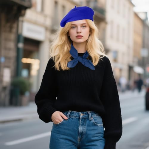 Classic Beret Hats for Women French Beret Hats Costume Accessories Painter Artist Cap with Scarf - color: Blue