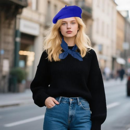 Classic Beret Hats for Women French Beret Hats Costume Accessories Painter Artist Cap with Scarf - color: Blue