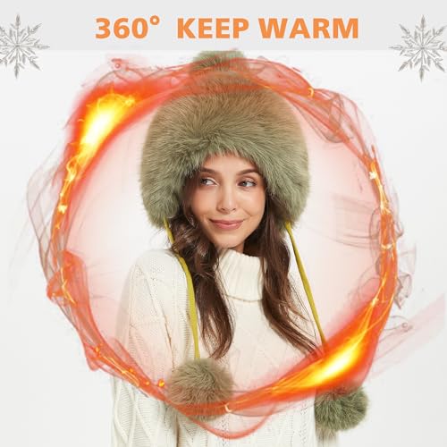 Winter Hats Cute Kint Hat Russian Fur Crochet Hat Slouchy Beanies with Pompom Warm Fuzzy Snow Cap Trapper Hat for Women - color: Light Green