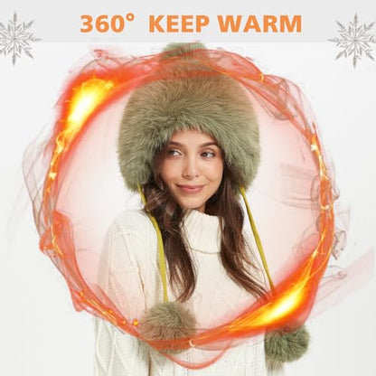 Winter Hats Cute Kint Hat Russian Fur Crochet Hat Slouchy Beanies with Pompom Warm Fuzzy Snow Cap Trapper Hat for Women - color: Light Green