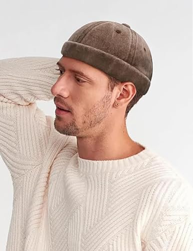 Initlove Docker Hat for Men Vintage Brimless Sailor Hat Beanie Cap - color: Coffee + Navy
