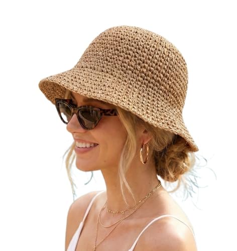 Women Straw Sun Hat Packable Foldable Floppy Wide Brim Beach Bucket Hat UV Protection Travel Vacation Accessories - color: Khaki