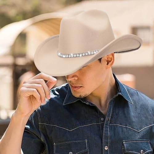 DRESHOW Western Cowboy Hat for Women and Men Wide Brim Glitter Cowboy Cowgirl Hat with Rhinestone Felt Fedora Hats - color: 1 Pack Style 10: Off-white