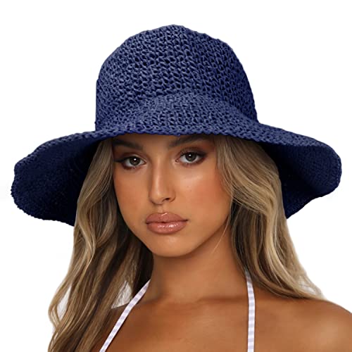 Womens Sun Hats Wide Brim Summer Beach Hat for Women Foldable Travel Straw Hat UPF50+ - color: A-navy