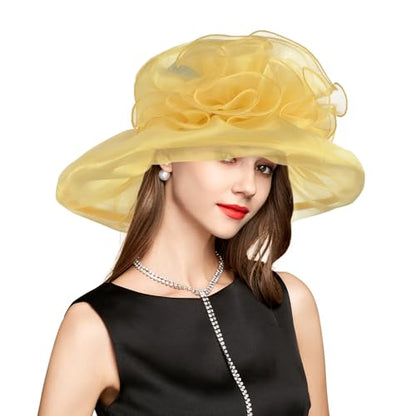2026 Derby Hats for Women Ladies, Classy Organza Sun Hat, Church Tea Party Wedding Kentucky Fascinator Hat - color: A-4541-yellow