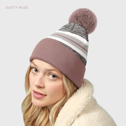 Pom Pom Beanie Cuffed Knit Winter Hat Skull Cap Striped Novelty Men Women - color: (Camel)