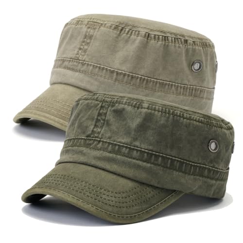 2 Pack Military Caps for Men Women, Washed Cotton Cadet Army Hats - color: Army Green+khaki
