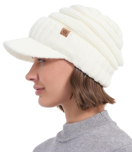 Women Men Winter Beanie Hat with Visor, Warm Fleece Lined Beanie Cap, Thick Knit Cap Slouchy Hat with Brim - color: White