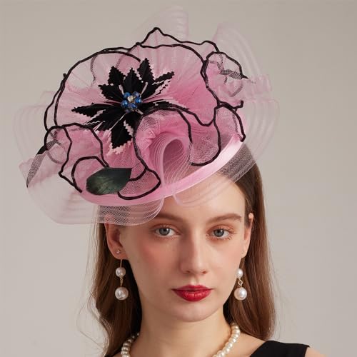 Kentucky Organza Derby Top Hats for Women Sun Visor Cap Ladies Flowers Bride Weeding Fascinators Wide Brim Fedoras - color: Pink 3