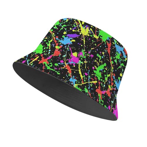 Amasnay Neon Bucket Hat Cotton Double-Side-Wear Reversible Sun Hat for Women Men, Summer Vacation Travel Beach Fisherman Hat - color: Color Splash Print