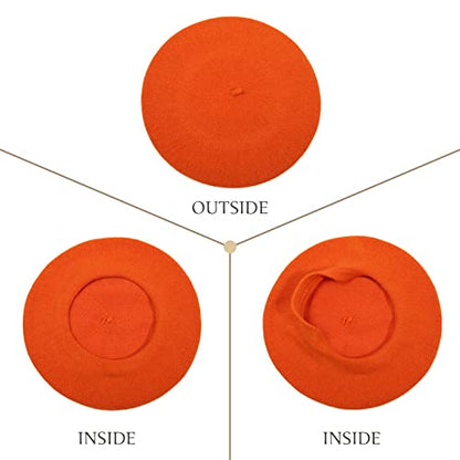 Women French Wool Beret Hats - Solid Color Classic Beanie Winter Cap - color: Orange