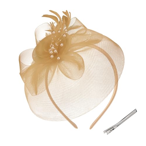 Womens Fascinators Mesh Hats Tea Party Hats for Women Feather Veil Headband - color: Oatmeal Brown