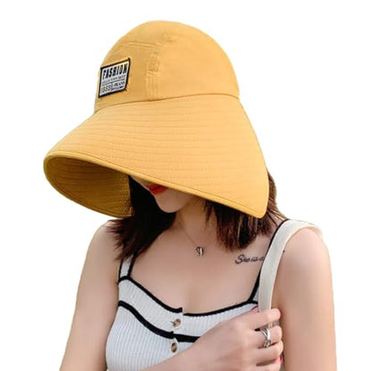 Women Floppy Sun Beach Hat Packable Wide Brim Bucket Hat UPF 50+ UV Protection Travel Beach Cap - color: Yellow