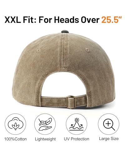 Zylioo XXL Baseball Cap for Big Heads Men Women, Washed Denim Dad Hat - color: Khaki-black, size: X-Large-XX-Large