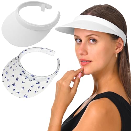 2 Pack Visor Women Men Sun Hat Clip On Visors Adjustable Sport Wide Brim Cap - color: Flower1 , White