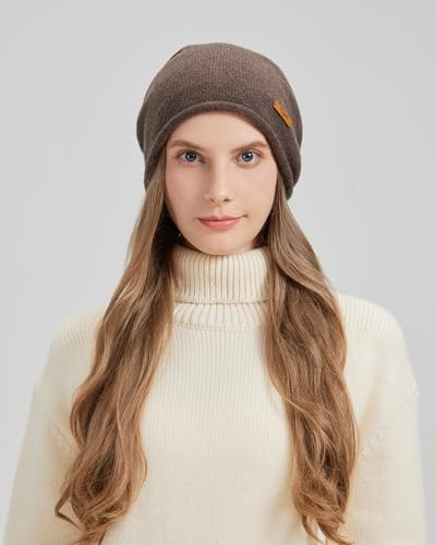 100% Merino Wool Slouchy Beanie Hat, Women Warm Winter Caps Soft, Ladies Breathable & Cozy Stretchy Knitted Skull Cap - color: Coffee