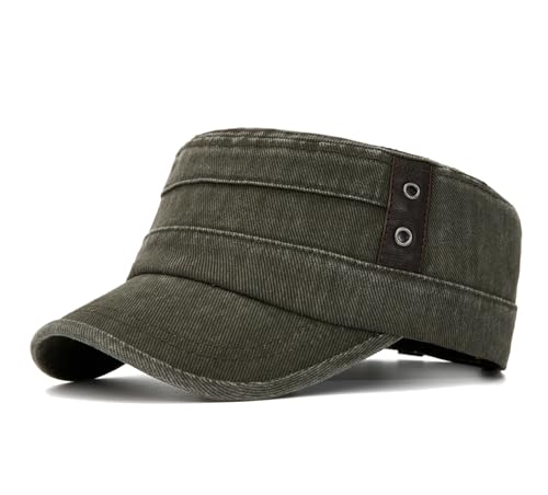 Military Cadet Army Cap for Men Women-Washed Cotton Vintage Adjustable Flat Top Baseball Hat - color: Vintage Army Green