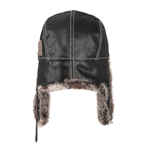 Men Trapper Hat Faux Leather Fur Winter Earflap Russian Trooper Ushanka Hat Women Fluffy Warm Soft Aviator Cossack Skiing Cap - color: Black