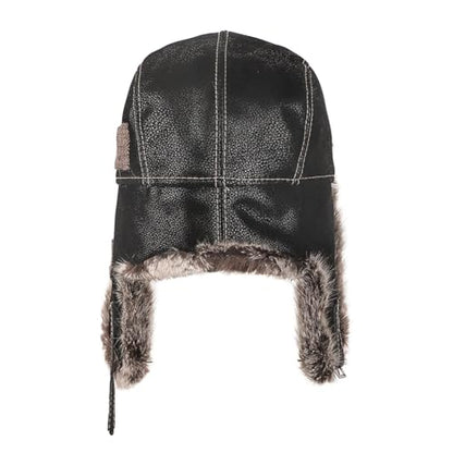 Men Trapper Hat Faux Leather Fur Winter Earflap Russian Trooper Ushanka Hat Women Fluffy Warm Soft Aviator Cossack Skiing Cap - color: Black