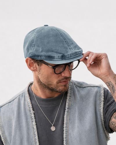Clakllie Octagonal Newsboy Hat with Chic Stripe Design Herringbone Ivy Cabbie Hat Denim Cotton Gatsby Driving Cap for Daily - color: Nb2610-washedlightblue