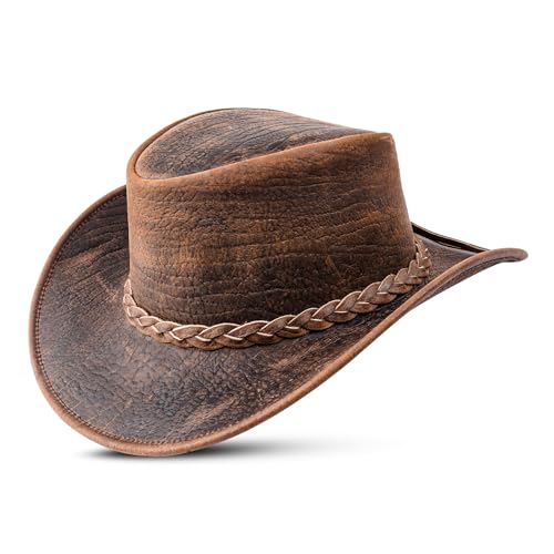 HADZAM Elephant Skin Themed Australian Style Leather Cowboy hat Shapeable into Outback hat for Men & Women - size: Small