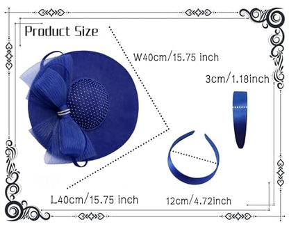 dressfan Wide Brim Fascinator Hats for Women,20s Linen Rhinestones Bow Big Hat for Derby Church Wedding Tea Party - color: Royal Blue
