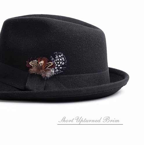 Short Brim Fedora Hat for Men Women Felt Trilby with Feather - color: Black