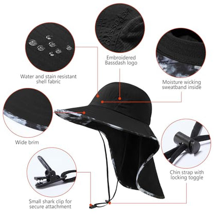 BASSDASH UPF 50+ Unisex Water Resistant Wide Brim Sun Hat with Large Neck Flap Ponytail Fishing Hat for Men Women - color: Black/Splash Black
