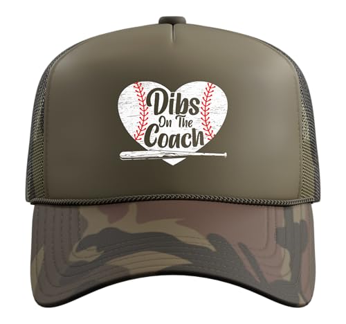 Dibs On The Coach Baseball Player Sport Lover Bat and Ball Trucker Hat with Adjustable Mesh Back - color: Camo Green