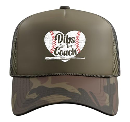 Dibs On The Coach Baseball Player Sport Lover Bat and Ball Trucker Hat with Adjustable Mesh Back - color: Camo Green