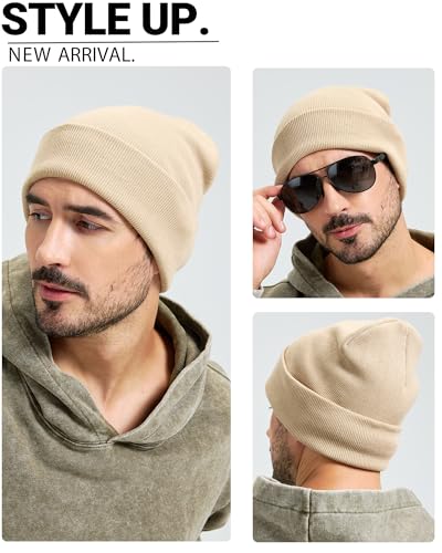 100% Cotton Beanie Lengthen Cuffed Beanies Knit Winter Hats Unisex - color: 1-khaki